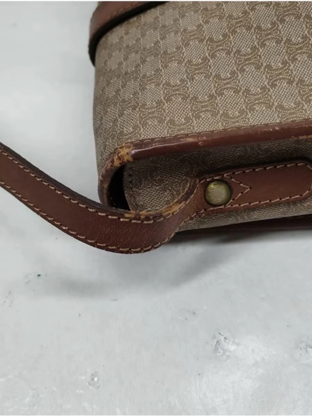 Celine Beige Monogram Canvas Crossbody with Brown Leather Trim